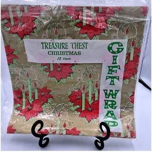 Vintage‎ Treasure Chest Christmas Wrap Poinsettia Candle Holly Berries 12 Sheets
